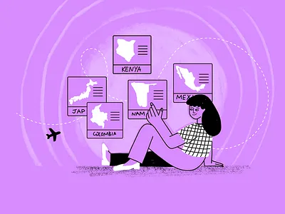 Best contries to visit adventure branding character countries editorial illustration emotion girl illustration plain procreate texture travel vector