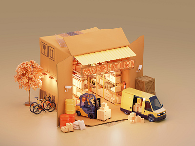 Warehouse in cardboard box 3d box cardboard courier delivery distribution film forklift goods illustration merchandise racking retail transportation van vechicle warehouse wrapped