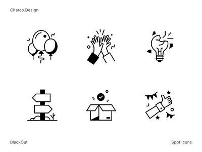 BlackOut - Spot icons black and white branding bulb business clap congrats error hi five icons illustration marketing pack success unbox web