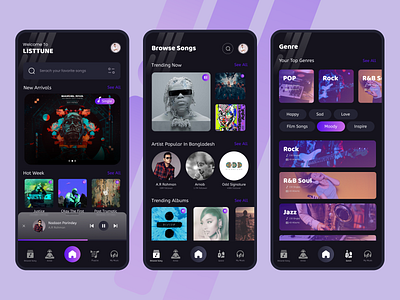 ListTune Music Streaming App UI Design app app design branding design figma mobile mobile app music music app music app music streaming streaming ui ui design uiux design ux