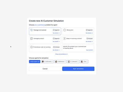 Modal for editing AI simulations in AgentTrainer app ai animation app app design application graphic design interaction modal prototype saas ui ux web app website
