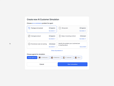 Modal for editing AI simulations in AgentTrainer app ai animation app app design application graphic design interaction modal prototype saas ui ux web app website