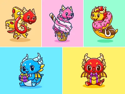 Dragon🐉🍕🍦🎁 animal baby baby dragon box branding character cute donut doodle dragon fantasy flat food gift ice cream icon illustration logo party pizza