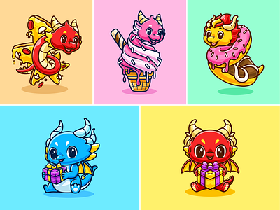 Dragon🐉🍕🍦🎁 animal baby baby dragon box branding character cute donut doodle dragon fantasy flat food gift ice cream icon illustration logo party pizza