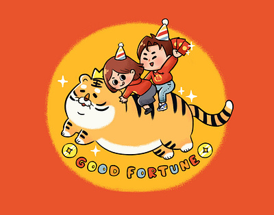 Happy Tiger Year boy girl good forturn illustration jump new year red tiger