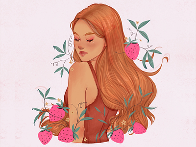 Strawberry 🍓 art berries berry branding commission design girl graphic design green illustration leaves logo nature pink portrait red strawberry