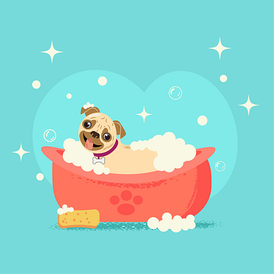 Grooming. Cute pug dog bathes. Dog in foam. The dog is washing. design