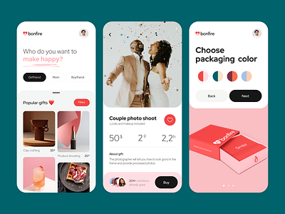 Bonfire - Mobile Design & Brand Identity for Gift Store brand identity branding clean colors gift gift store mobile mobile app mobile design mobile ui ui ui design valentines day