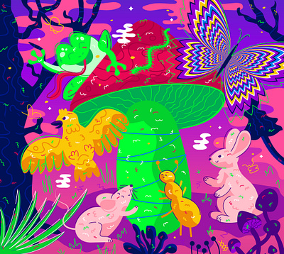 under the mushroom. silpo x marco animals ant art book butterfly cartoon character children design forest frog illustration literature mushroom rabbit story suteev under vector writer