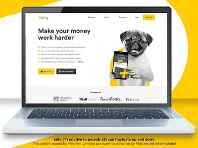 Tally website homepage app card currency design digital digital bank dog fun funny gold homepage iphone mastercard money pug savings tally web design website yellow