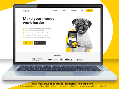Tally website homepage app card currency design digital digital bank dog fun funny gold homepage iphone mastercard money pug savings tally web design website yellow