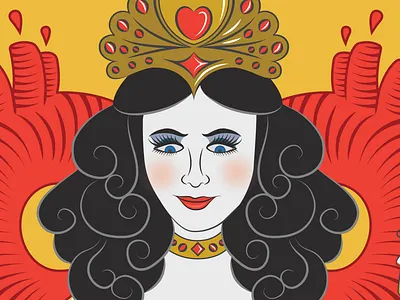 Queen of Hearts blood cake card cleavage crwin eating evil fork gold hearts illustration jewellery knife of playing pulse queen sexy table yellow