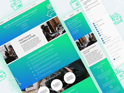 Accusonus Affiliate Program Landing Page affiliate blue box cookie dollar gradient green icons interface landing page money pocket program settings ui web design website work