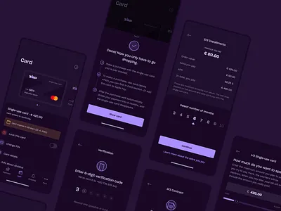 Finance App Screens | Dark app bank banking budget calculator card dark detail expiration finance fintech installments limit menu money payment slider spend tabbar verification