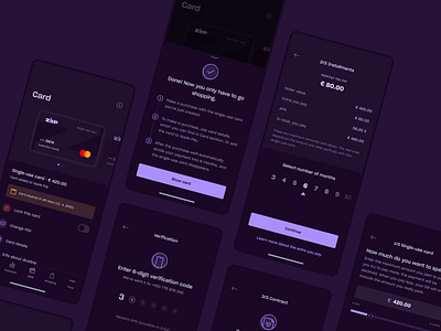 Finance App Screens | Dark app bank banking budget calculator card dark detail expiration finance fintech installments limit menu money payment slider spend tabbar verification