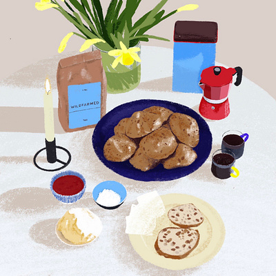 still life 4 bread coffee flowers food illustration meal painting still life