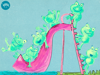 Water slide fun affinity character character design digital illustration frogs illustration inks markers pencildog pond storybook water water skide watercolor
