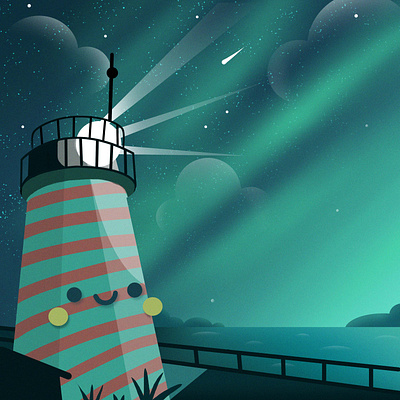 Kawaii Lighthouse adobe photoshop aurora cartoon cartoon character cartoon illustration cute illustration cuteart illustration kawaii kawaii art landscape light lighthouse night northern lights sea sketch teal texture usa