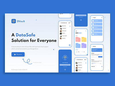 DVault - A Data safe solution a data safe solution app app download page app page app screens app ui data safe designe.studio dvault hero page hero section safe safe lanfing pagr ux vault web ui