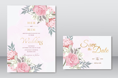 Beautiful wedding invitation with pink floral template flower graphic design