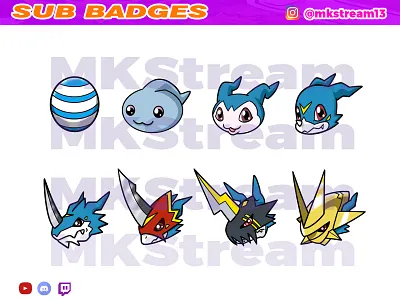 Twitch sub badges digimon veemon evolution pack animated emotes anime cute design digimon digimon emotes digimon stickers digimon sub badges emotes exveemon hype illustration magnamon sub badge veemon vmon