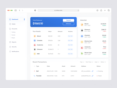Coinux - Cryptocurrency Dashboard binance bitcoin blue btc chart clean coin cryoto crypowallet crypto exchange cryptocurrency cryptocurrency app desktop finance minimal nft trend2022 uidesign web website