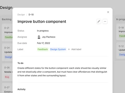 Disy — Product Management Issue component design system information interface issue kanban minimalist modal popover product design product managament productivity saas sprint task ticket to do todo ui ux