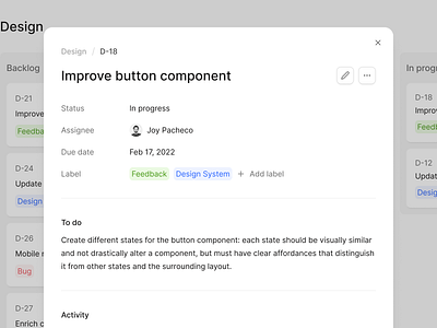 Disy — Product Management Issue component design system information interface issue kanban minimalist modal popover product design product managament productivity saas sprint task ticket to do todo ui ux