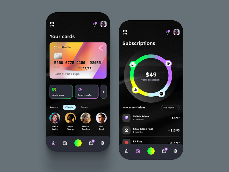 Player Card - The first card for true gamers app concept app bank card concept credit dark dark mode design expenses fintech gamer mobile money netguru product design subscription transfer ui