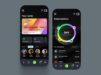 Player Card - The first card for true gamers app concept app bank card concept credit dark dark mode design expenses fintech gamer mobile money netguru product design subscription transfer ui