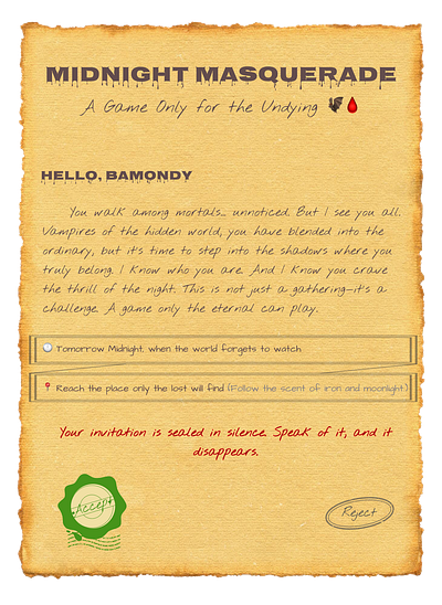 Day 78 - Invitation 100dayschallenge creative daily ui 078 daily ui 78 dailyuichallange game game night gameinvite halloweenvibes invitation mysterious person mysterygame spookydesign ui uidesign uxdesign vampire vampireaesthetic