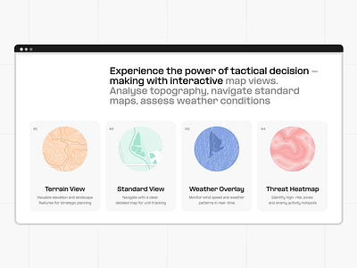 Interactive Tactical Mapping Landing Page cards features geo mapping icons landing page light mode terrain texture typography ui ux weather web app