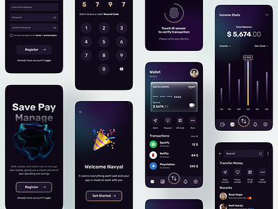 Wallet Application blue dark design investment mobile money navy navya payment savings transfer trending ui ux wallet yellow