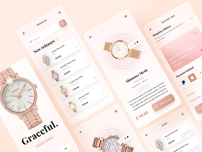 Luxury Watch Store App app art best cute design elegant gold luxury money pink premium rich ui ux watches