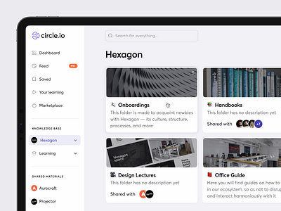 Circle.io | Company's knowledge base card clean folder interface knowledge base minimal saas sidebar ui ux
