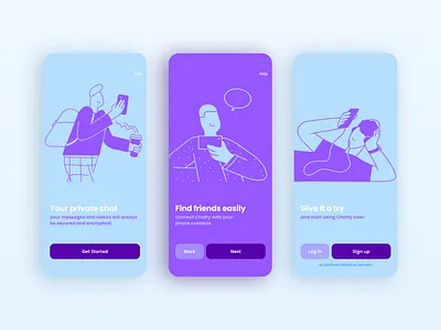 Chatty — onboarding app screens animation app blue carousel design introduce mobile onboarding screen splash tutorial ui ux violet walkthrough