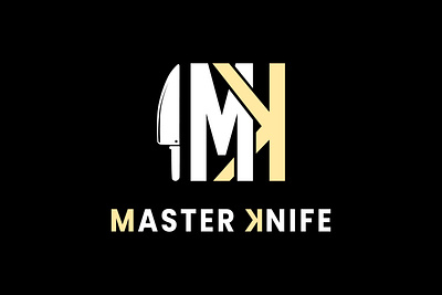Letter MK or KM Identity Logo With Knife Icon Design Inspiration alphabet beef blade brand chef chop cut font food icon identity initial km knife letter logo menu mk restaurant vector