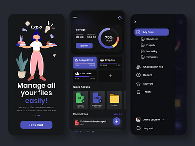 Explo - File Manager App UI Design app design clean ui dark ui file manager illustration inspiration modern ui design ui inspiration uiux