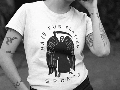 Have Fun Playing Sports apparel black and white brand clothing death drawing funny grim reaper hand drawn humor identity illustration ironic merch product design sports sportsball t shirt t shirt design