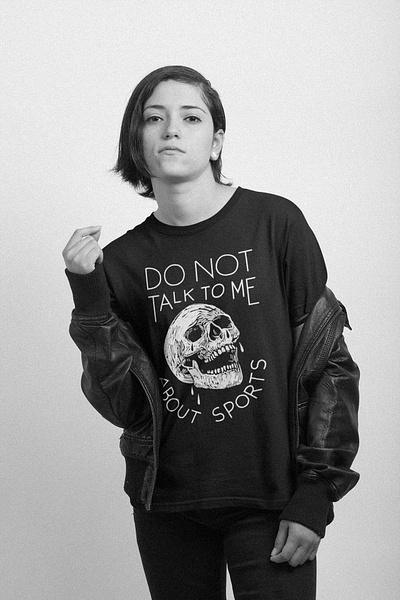 Do Not Talk To Me About Sports apparel black and white brand clothing design drawing funny hand drawn humor identity illustration ironic shirt skull sports sportsball t shirt tee