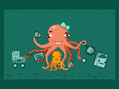 Mother Octopus baby cartoon character father flat funny icons illustration mother octopus vector water