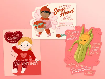 Valentine's Day Cards 2022 adobe fresco babies character illustration cherub corn design illustration kids lettering pink procreate puns sketch valentines vintage vintage inspired