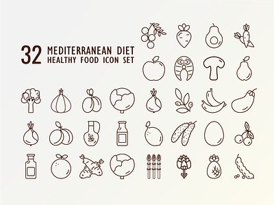 32 mediterranean diet food brown line art icon set autline food icons branding diet diet food icons food food icons fruits icons graphic design icons design italian fod line art lineart logo mediterranean diet meditettanean monocolor food icons motion graphics outline art food icon vector food icons vegetables icons