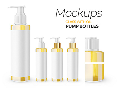 Clear Glass Pump Bottles - PSD Mockup 3d cosmetic editable gold mockup package photoshop psd mockup pump bottle skin care template