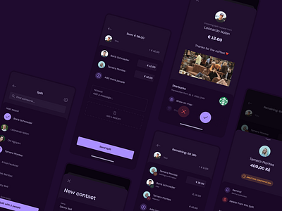 Split the bill | Dark app bank banking bill contact contacts dark divide friend gif ios message mobile modal payment price receipt select split transaction