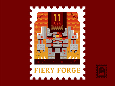 Fiery Forge adventure badge explore forge gaming golem illustration minecraft mojang postage redstone stamp world