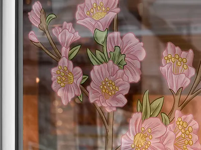 Broken Heart Gin Garden botanical decal design digital illustration floral flower foliage illustration pink restaurant spatial design window