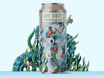 Blue Fridge Brewery - Kelp Party beer can design character design characters colourful digital illustration dynamic fish illustration kelp metallic ocean packaging packaging design party sea seaweed water whimsical