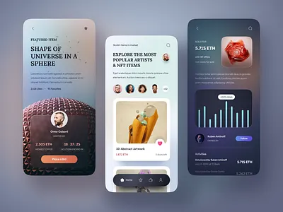 NFT Marketplace App. app auction blockchain clean crypto cryptocurrency design ethereum exchange finance marketplace metaverse mobile nft nft app profile token trade ui wallet