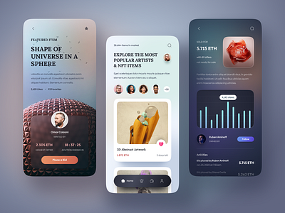 NFT Marketplace App. app auction blockchain clean crypto cryptocurrency design ethereum exchange finance marketplace metaverse mobile nft nft app profile token trade ui wallet